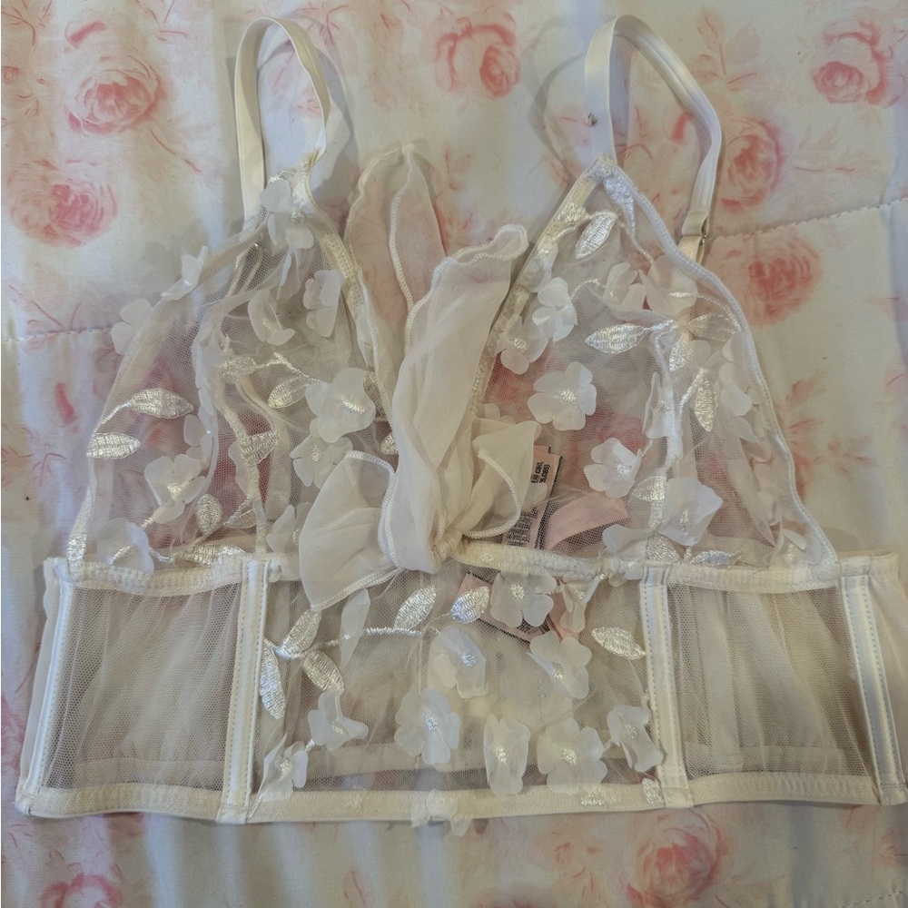 Victoria's Secret Sheer Floral Lace Bralette - Cream and White
